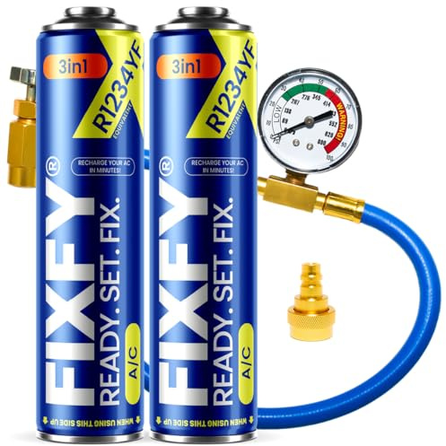FIXFY 3 en 1 – R1234YF – Repuesto de refrigerante con aceite y sellador para autollenado de aire acondicionado para vehículos a partir de 2017, 2 latas y manguera