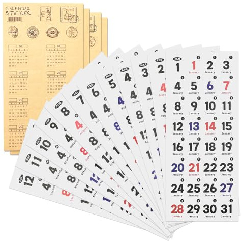 MUWINC JJournaling Zubehör, 16 Blätter Sticker Kalender, 2 Stile | 365 Tage Aufkleber Selbstklebende, Ohne Datum, Sticker-Zubehör Für Planer, Kalender Und Notizbücher