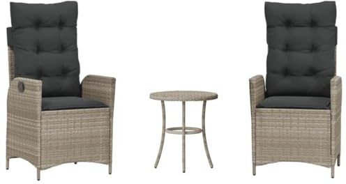vidaXL Sillas y Mesita de Jardín con Cojín 3 Piezas, Mesa y Sillón con Respaldo, Muebles de Bistró, Juego de Muebles, Ratán Sintético Gris Claro