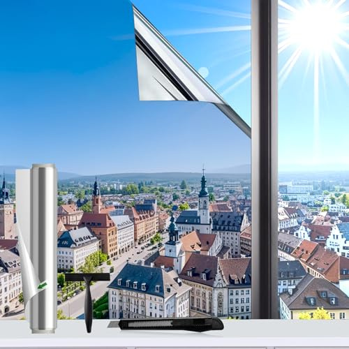 Evofensteere (Silber 75X400cm) UV-Schutz Sonnenschutzfolie Fenster innen oder außen,Selbstklebend Ohne Rückstände Thermofolie Fenster Gegen Hitze, spiegelfolie Fenster sichtschutz für Büro und Haus