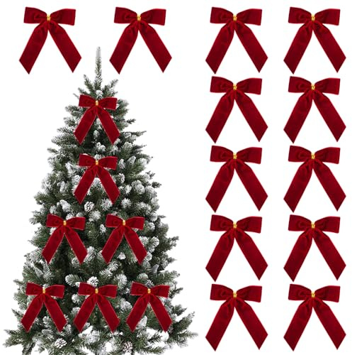 12pcs Small Christmas Velvet Bows 3.5 Inch Rustic Wreath Gift Bows Vintage Xmas Velvet Ribbon Bow Holiday Ornaments for Christmas Tree Garland DIY Craft Wrapping Decor (Red)