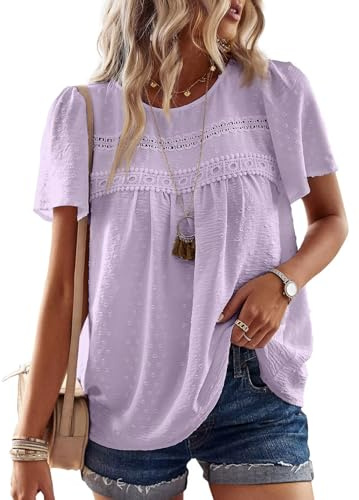 TUUHAW T-Shirt da Donna Pizzo Manica Corta Magliette con Scollo Estive Top | Casual Camicia, Boho Maglie, Pizzo Maglie, Estiva Maglietta, Elegante Blusa, Traspirante Classica, Vintage Affari Tunica