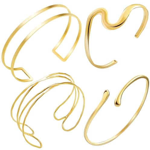 RechicGu 4 Pcs Minimalist Golden Color Arm Cuff Upper Arm Jewelry for Women Adjustable Upper Arms Cuff Bracelet Bangle Stackable Coil Armband Jewelry Set for Women Boho Summer Beach Party Golden B