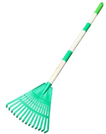 Colcolo Petit râteau à feuilles ergonomique en acier, 14 dents, avec long manche, outil de jardinage pour enfants, râteau pour jardin, cour, pelouse, arbustes, Vert