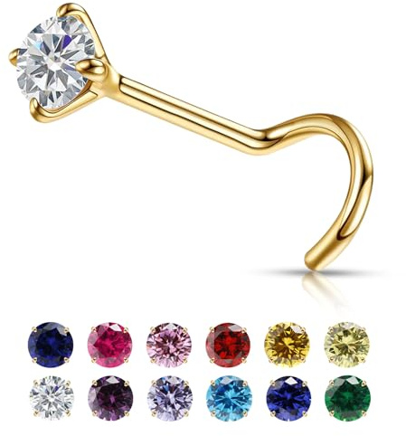 VDKIDKT Kleiner goldener Nasenstecker mit Geburtsstein für Frauen 20G, 3mm-Rundstein CZ Nasenringe und Nasenstecker, winziger goldener Nasenpiercing-Schmuck