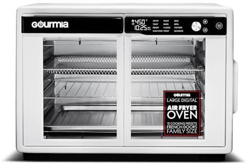 Gourmia French Door Air Fryer Oven - 37 Qt Large Capacity Convection Toaster Oven, FryForce 360°, Digital Display, 12 Cooking Presets, Dehydrate, Fits 13” Pizza, Dishwasher-Safe, White