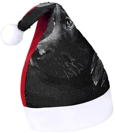 JZemdybill Pailletten-Weihnachtsmütze für Erwachsene, schwarzer Labrador-Welpenkunsthut für verschiedene Feiertagspartys