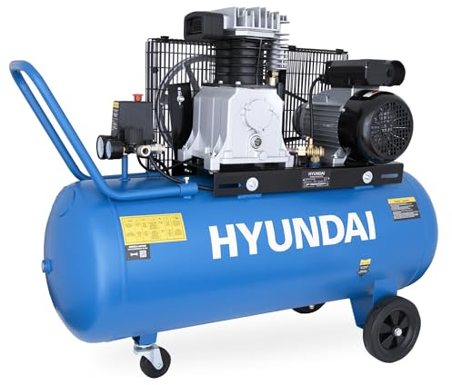 HYUNDAI Kolbenkompressor BAC3100E – Druckluft-Kompressor mit 3 PS (2.2 kW), 100 l Kessel, 10 bar, 230 V, max. Abgabeleistung 250 l/min, Keilriemenantrieb