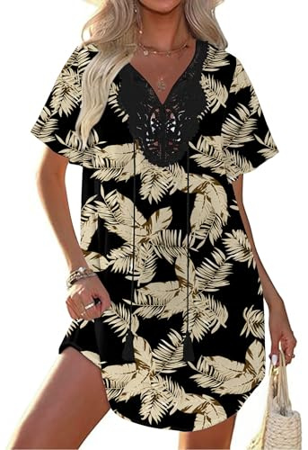 Ekouaer dam strandklänning spets strandtunika V-ringad kort sommar strandponcho bikini cover up S–XXL, Svart tropisk, L