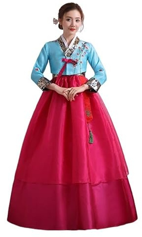 HIMKSRE Hanbok for le donne Costume tradizionale coreano Minoranza Palazzo Performance Abiti da corte Fiore Abito da ballo for festa di nozze di Capodanno(Blue,S)