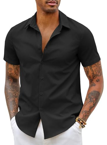 COOFANDY Camisa Hombre Manga Corta Ligero Formal Verano Camisas Vestir Trabajo Adultos Básica con Botones Boda Playa Sólido Camisas Shirts