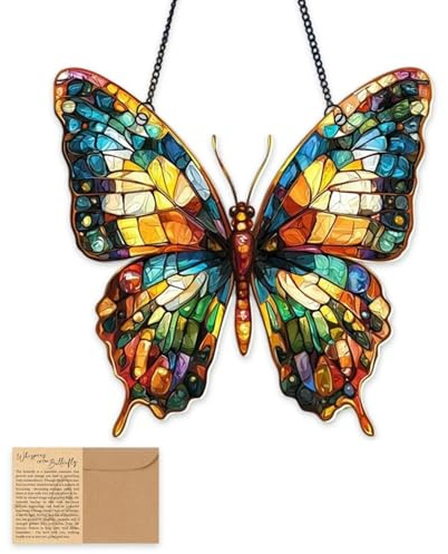 Butterfly Gifts for Women Colorful Acrylic Suncatcher for Windows Suncatcher Garden Ornaments with Greeting Card for Home Decoration Stained Glass Style Window Hanging with Story Card (C)
