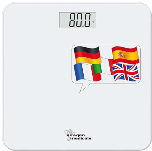 newgen medicals Waage: Sprechende Personenwaage, bis 250 kg, mit Sprachausgabe in 5 Sprachen (Talking Scale, Badezimmerwaage)