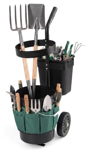 HOMASIS Chariot de Jardin sur roulettes avec Seau de 20L | Chariot de Transport avec Bac de 10L, Sac en Tissu Oxford et Support Rond pour Ranger Déchets et Outils Jardinage