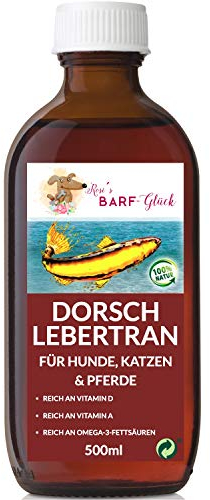 Rosi's Barf-Glück Premium Dorschlebertran für Hunde Katzen & Pferde 500ml – 100% Natürliches Fischöl mit Omega-3-Fettsäuren & Vitaminen – Lebertran Hund perfekt fürs Barf – Lebertran für Tiere