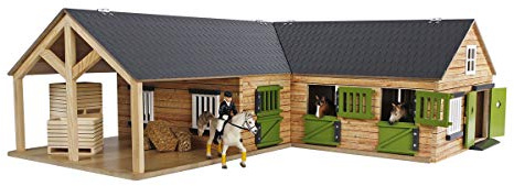 Kids Globe Farming 610211 - Establo para Caballos (Madera, 1:24, con 3 Cajas, con práctico Techo Plegable, para Todo Tipo de Figuras de Animales)