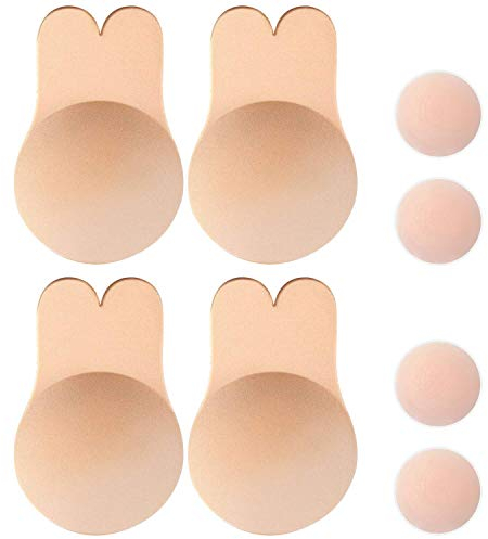 Memoryee Women's Push Up Adhesive Silicone Invisible Rabbit Bra Reusable Lifting Bra Cups Nipple Cover/Beige-2Pair/XXL(F/G Cup)