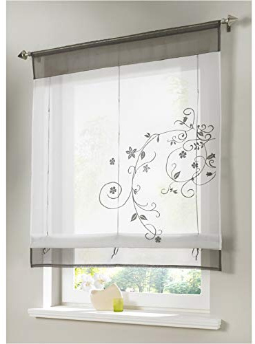 Siunwdiy Küche Transparent Vorhänge Bestickt Modern Voile raffrollo Transparent Vorhang,1er-Pack Raffrollo mit Tunnelzug Gardinen Scheibengardine,Grau,60x120cm