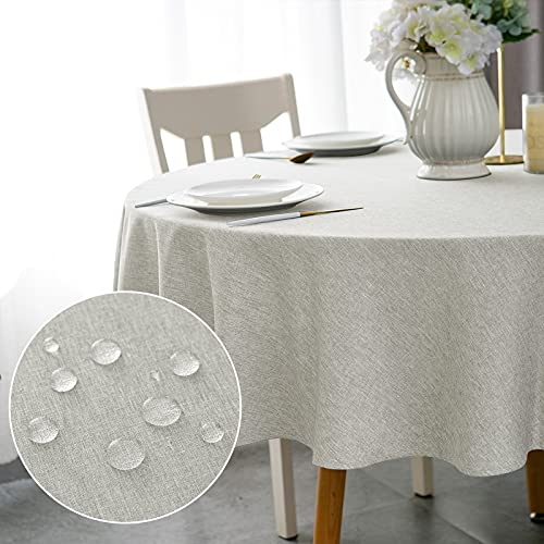 WELTRXE Tischdecke, Minimalart Tischtuch aus Polyester mit Lotuseffekt, 180cm Leinenimitation Wasserabweisend Abwaschbar Tisch Decke, Rund Hellgrau Tischwäsche für Esstisch Zuhause Hochzeit Festival