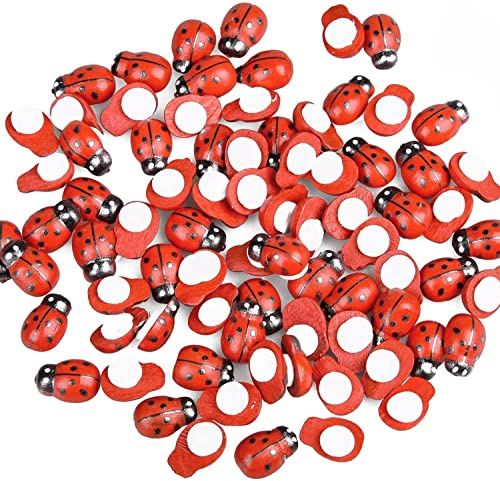 Linvshi Shop Holz Marienkäfer, 100 Mini Holz Selbstklebend Marienkäfer für DIY Handwerk, Scrapbooking & Bastelarbeiten