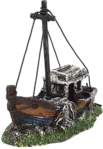 AMONIDA Aquarium Deko Schiffswrack, 12,5x6x10cm Hohe Simulation Harz Aquarium Deko Schiff Schiff Deko Landschaftsverzierung für Aquarien Aquarium