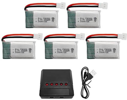 5PCS 3.7V 300mAh Li-ion Batterie mit 5-in-1-Ladegerät für Syma X11C WLToys V911S A120 XK A150 V966 FX801 UDI U816A Hubsan H107L F180W F180C HS170 HS170C HS177 Quadrocopter-Drohnenbatterie