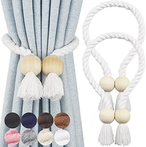 Nieffeiy 2 Pack Magnetic Curtain Tiebacks Cotton Hand Woven Tie Back Decorative Rope Holdbacks for Curtains Draperies No Tools Required, White