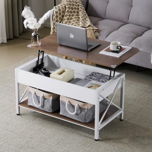 VINGLI 36 Lift Top Coffee Table with Free Cloth Storage Bins, White Walnut Framhouse Coffee Tables for Living Room, Small Modern Coffee Table for Small Space in Minimalistic Style, Dark Walnut