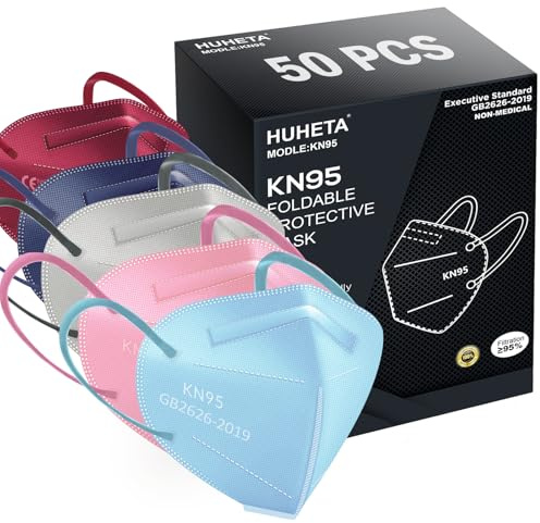 HUHETA KN95 Face Masks for Adults, 50 Packs KN95 Mask, 5-Layer Breathable and Comfortable Safety Mask, Filter Efficiency≥95%, Multi Color