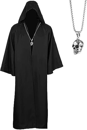 YIMOJOY Halloween Kostüm Herren Schwarzer Umhang mit Kapuze Erwachsene Robe Halloween Umhang Vampir Karneval Cosplay Kostüm(L)