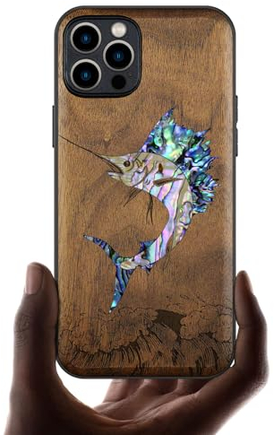 Carveit Bois Etui pour iPhone 12 Pro Max Magnétique Coque, Incrustation de Coquille Protection de Téléphone Antichoc Compatible avec Apple 12 Pro Max Étui Magsafe (Noyer-Marlin en Plein essor)