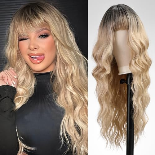 WOKESTAR Long Wavy Blonde with Dark Roots Wigs for Women, Heat Resistant Natural Hair with Fringe