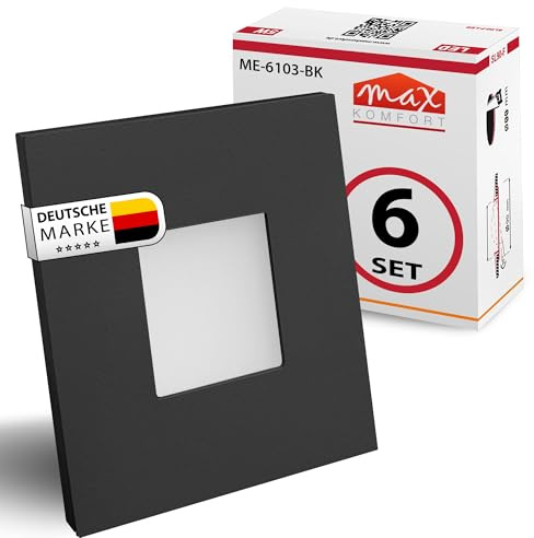 Maxkomfort LED Treppenbeleuchtung 230V – 0,5W 40lm Wandeinbauleuchte Eckig für 60mm Dose – Warmweiß (3000K) – Aluminium Stufenlicht für Flur – Stromsparendes Nachtlicht – 6er Set Schwarz - 6103S