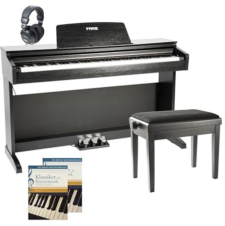 Fame Digitalpiano Set, DP-2000 BK, 88 Tasten, Hammermechanik, 16 Sounds, 128-fache Polyphonie, Inklusive Kopfhörer, Notensammlung, Klavierbank, Schwarz Mattiert, 81.5 x 136.5 x 44 cm