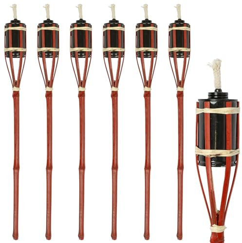 Harbour Housewares Bamboo Fire Torches - 60cm - Red - 6X Garden Lighting Traditional Tiki Torches Outdoor Paraffin Oil Lamp Candle Flame Lantern with Removable Screw Top
