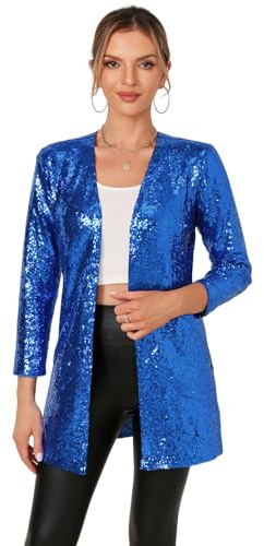 THANKPEARL Women's Sequin Jacket Long Sleeve Open Front Blazer Sparkly Party Cardigan Royal Blue,S