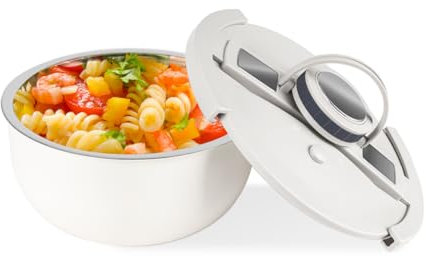 Double-Walled Stainless Steel Insulated Serving Bowl with Leak - Proof Lid - Insulated Casserole Dish - Keeps Food Warm and Cold for Hours - Perfect for Holidays, Parties, Camping - (2Q, White)