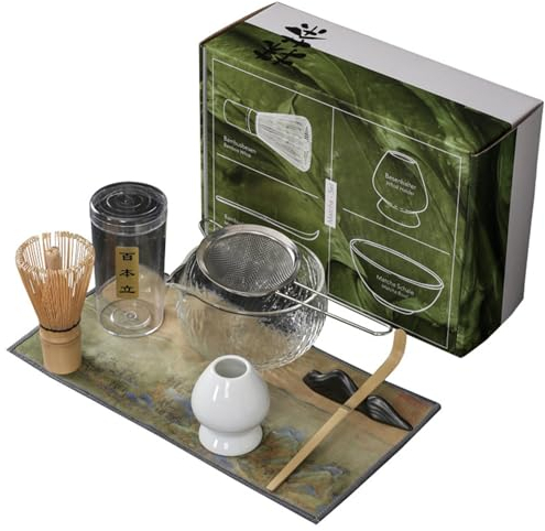 Porgeel Matcha Whisk Set 7PCS/Set Including Matcha Whisk and Bowl, Sifter, Holder and Tea Cloth, Spoon and Scoop Stand, Kit for Tea Lover Gift.