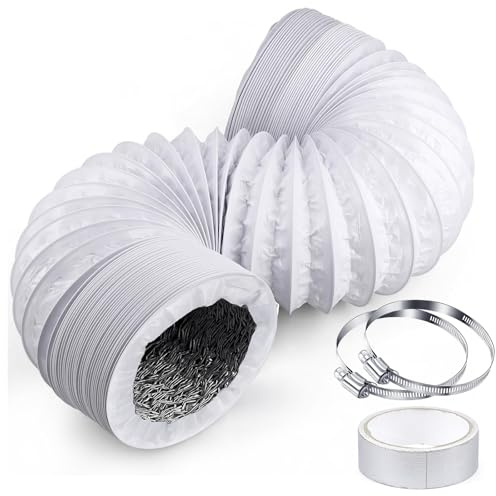 ShnminEU Ventilationsslang 150 mm 3 m Vit – Flexibel Luftslang/Ventilationsrör Aluminium PVC med 2 Rostfria Slangklämmor + Aluminiumtejp 5 m – För AC, Torktumlare, Köksfläkt
