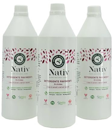 Eco Lab Nativ Detergente Pavimenti 100% Naturale. 3 flaconi da 1L. Detergente universale per la pulizia quotidiana di tutti i tipi di pavimenti, all'Orchidea. Pulisce e igienizza i pavimenti.