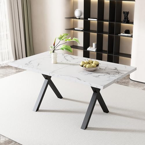 Merax Esstisch, Design mit gekreuzten Beinen, rechteckiger Esstisch, Couchtisch, aus Schmiedeeisen, L140*B80*H76cm,Marmorstruktur, Schwarz und Weiß