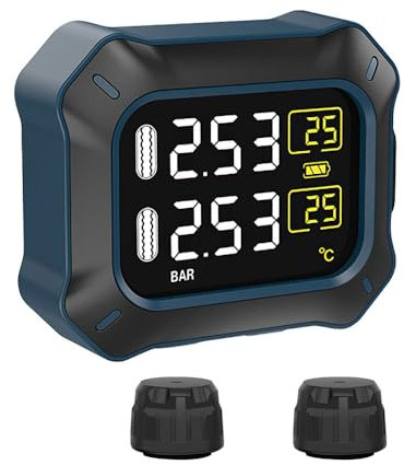 OBEST TPMS Sistema de Control de Presión de Neumáticos para Motocicleta Inalámbrico, Herramienta de Control de Temperatura y Presión de los Neumáticos, Pantalla LCD de Alimentación USB con 2 Sensores