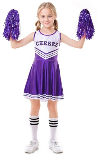 JiAmy Mädchen Cheerleader Kostüm, Schulspiel Cheerleading Uniform mit Pompons und Socken, Halloween Fancy Dress Up Outfit für Kinder 8-9 Jahre Lila