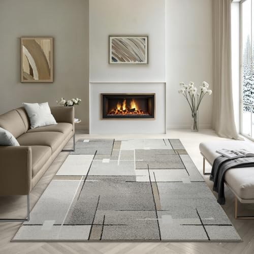 the carpet Pearl - Tappeto moderno a pelo corto, per soggiorno e camera da letto, motivo geometrico, a quadri, 240 x 330 cm, colore beige