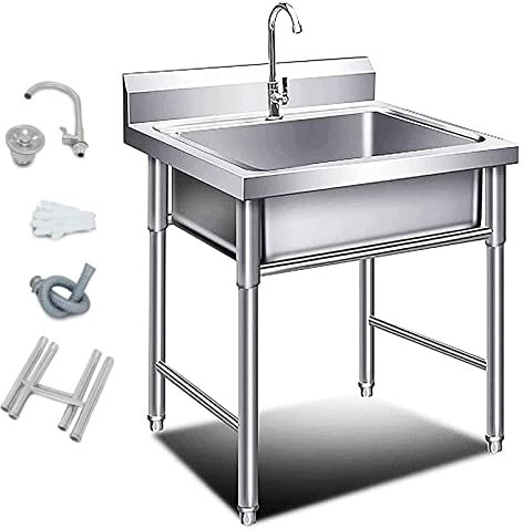 CZAOERXB Handwaschbecken aus Edelstahl für die Küche, Einzelbecken, freistehendes Spülbecken mit Wasserhahn und Sieb, gewerbliches Handwaschbecken, Spüle für die Wäsche, Keller