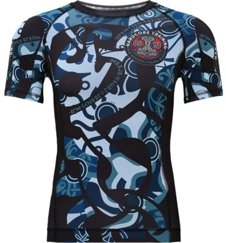 Hardcore Training Men's Rash Guard Compression Long Sleeve Kompression Lång Arm Herr Män Jiu Jitsu MMA No-Gi Tight BJJ (DE/NL/SE/PL, Alfa, XL, Regelbunden, Regelbunden, Black Light Blue)