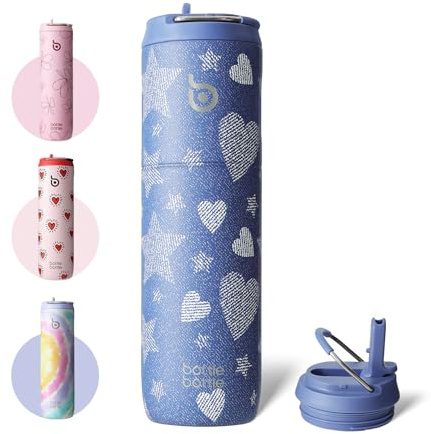 BOTTLE BOTTLE Bouteille isotherme 710 ml Gourde isotherme avec Paille Gourde sport à double paroi en acier inoxydable pour voyager, sports(Denim Beats)