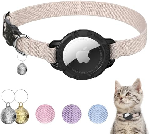 AirTag Katzenhalsband, dehnbares Halsband mit Apple Air Tag Halter und Glocke | Breakaway Design Ultra Elastic GPS Tracking Cat Collar for Cats and Puppies (Khaki)