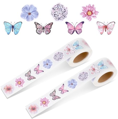 2 Rollen Schmetterling Sticker,Sticker Blumen & Schmetterlinge Schmetterlings Blumen Aufkleberrollen Belohnungssticker für Kinder Süße Selbstklebende Dekorative Aufkleber für Sammelalben DIY Handwerk