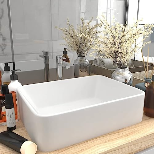 Lavabo de Cerámica Blanco Mate, Diseño Rectangular Moderno para Baño, Lavadero o Tocador, Fácil de Limpiar, Acabado Antihuellas, Montaje Sobre Encimera, 41x30x12 cm